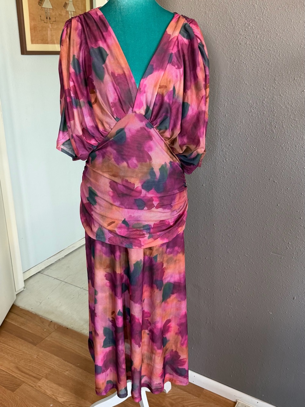Pink Multi-Color V-Neck Ruched Midi Dress